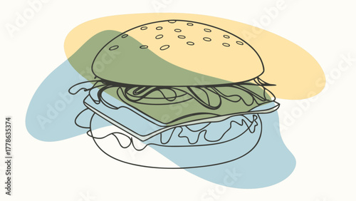 Line art illustration of a burger with cheese and lettuce