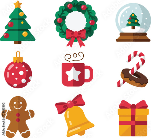 Flat Design Christmas Icon Set of 9 Festive Holiday Symbols in 3x3 Grid