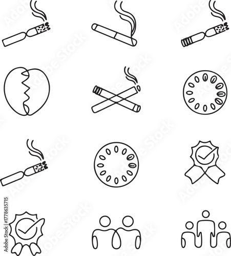 Mixed icon set, line art, outline, cigarette, smoking, broken heart, award, team, vector, random