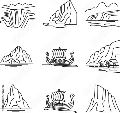Norway icon set, fjord, viking ship, line art, vector, travel, landscape, scandinavia, outline, boat