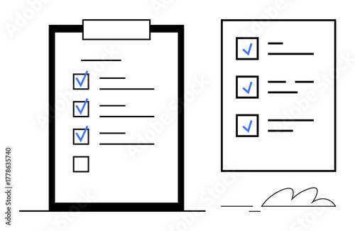 Two checklists with tasks and checkmarks. One on a clipboard and another standalone. Ideal for productivity, planning, task management, goals, organization, efficiency, simple flat metaphor
