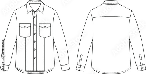 Long sleeve button down shirt, front and back flat sketch, fashion CAD drawing, vector apparel design, detailed technical shirt illustration