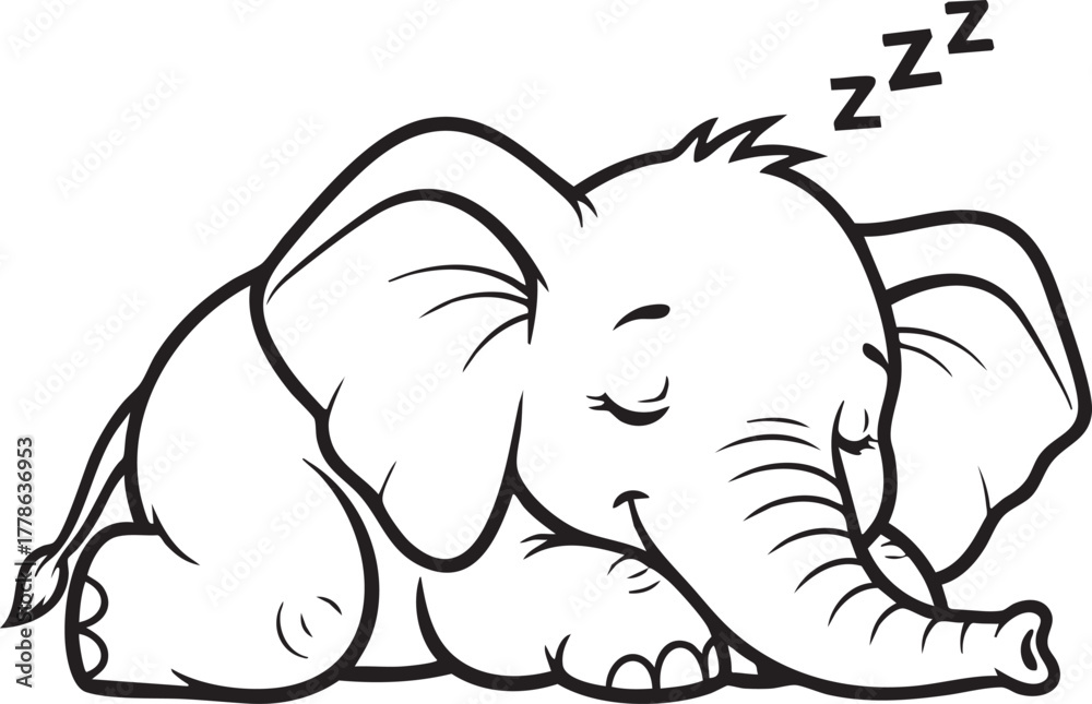 Fototapeta premium Adorable Sleeping Baby Elephant Cartoon Line Art