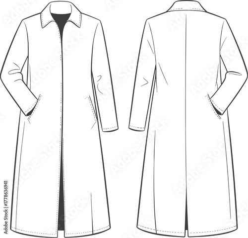 Long trench coat flat sketch, front and back technical view, minimalist fashion design, clean lines outerwear template, vector drawing