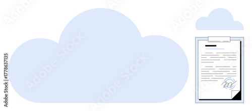 Large translucent cloud and signed document with stamp and signature indicating secure digital storage. Ideal for cloud computing, business, security, technology, innovation, data management, simple