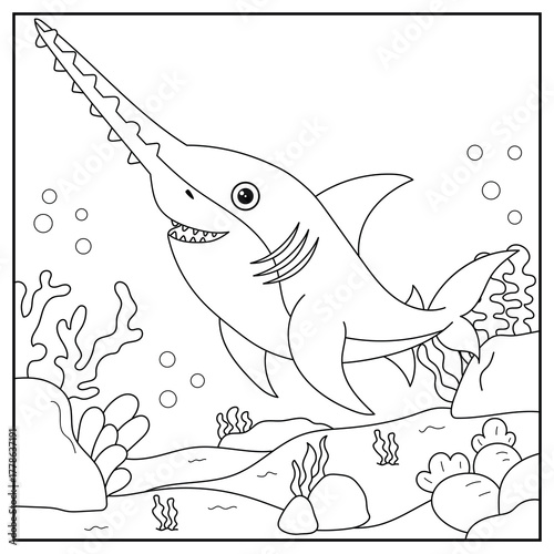 Black and white cartoon sawshark character (vector illustration), coloring book for children.