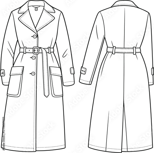 Long trench coat with belt, button closure, flap pockets, cuff straps, classic outerwear design, fashion illustration, vector art, cad drawing flat vector illustration