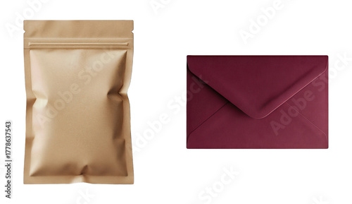 Blank Kraft Paper Stand Up Pouch Next to Closed Burgundy Red Envelope Mockup for Packaging Design Branding E Commerce Mailer Against transparent background