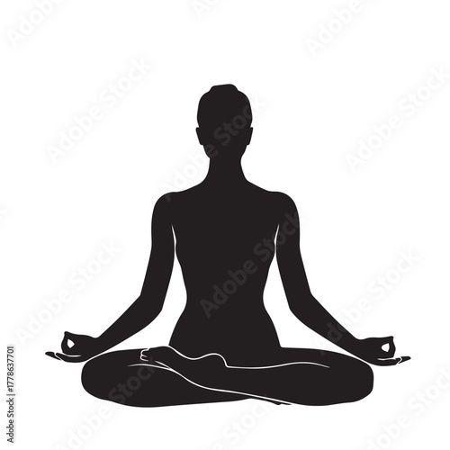 Black silhouette of a woman in yoga lotus pose for meditation, relaxation, and spiritual health illustration vector