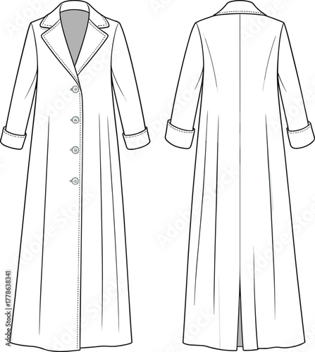 Long trench coat, front and back views, detailed fashion sketch, button-up, winter outerwear, flat technical cad drawing vector illustration