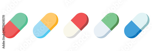 Capsule Pill Icon Set – Flat and Outline Vector Illustrations of Medicine Capsules for Healthcare
 and Medical Design