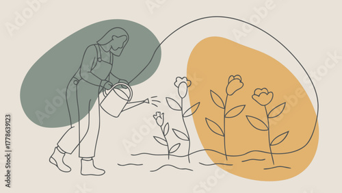 Woman watering flowers in garden, line art illustration, gardening concept