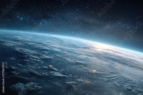 Dramatic View of Earth from Space with Blue Planet Surface and Starry Galaxy Background Revealing City Lights and Atmospheric Glow