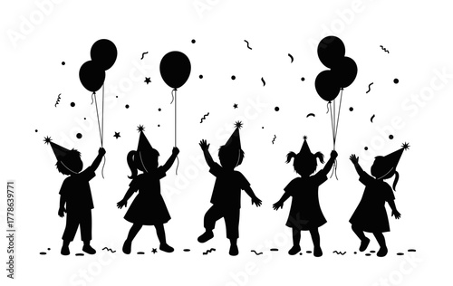 Silhouette of children celebrating a birthday with balloons, party hats, and confetti. Festive kids party scene, perfect for invitations, greeting cards, and celebration designs.