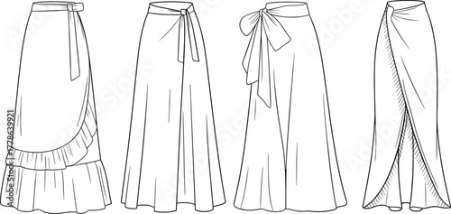 Long wrap skirt collection fashion flat sketch, tied waist design, front view, CAD drawing flat vector illustration for apparel design