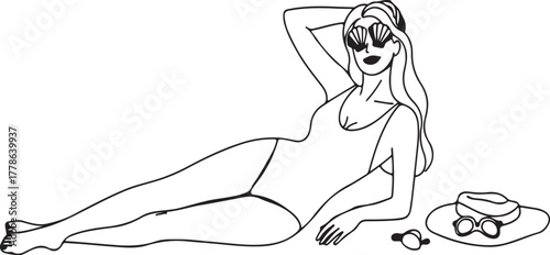 Woman in swimsuit relaxing on beach line art summer vacation leisure lifestyle illustration