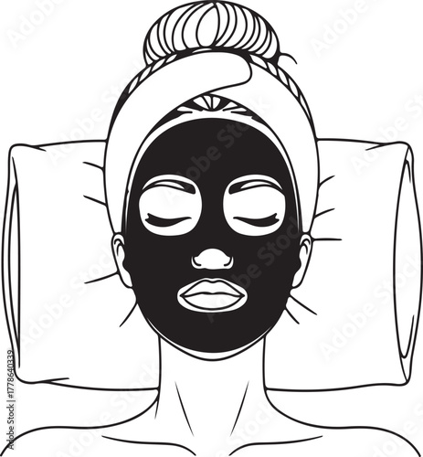 Woman with facial mask line art relaxing spa skincare beauty treatment selfcare illustration