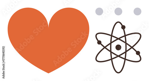 Orange heart beside an atom with orbiting lines and central nucleus, complemented by three small grey dots. Ideal for love and science, balance, health, wellbeing, technology, education