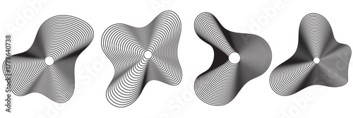 Abstract metallic twisted shapes with smooth texture. Four metallic abstract forms with twisted surfaces and central holes, showcasing modern geometric design and smooth  texture on white background.
