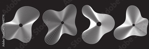 Abstract metallic twisted shapes with smooth texture. Four metallic abstract forms with twisted surfaces and central holes, showcasing modern geometric design and smooth  texture on white background.
