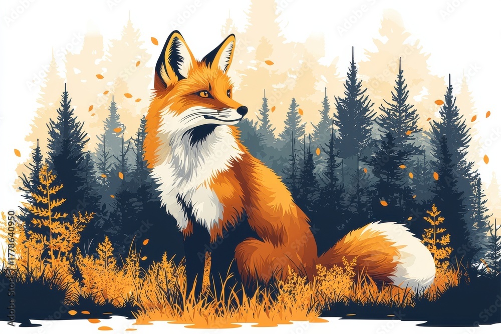 Fototapeta premium Stylized fox in autumn forest with paper cutout design elements