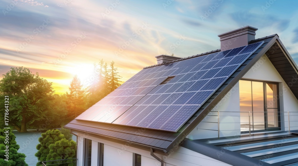 Fototapeta premium solar panels on modern house roof at sunset, hybrid inverter system inside the home, energy independence concept, soft sunlight, clean design