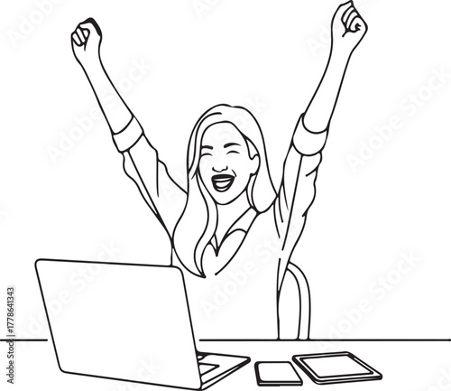 Excited woman at laptop line art, joyful success celebration minimalist outline illustration