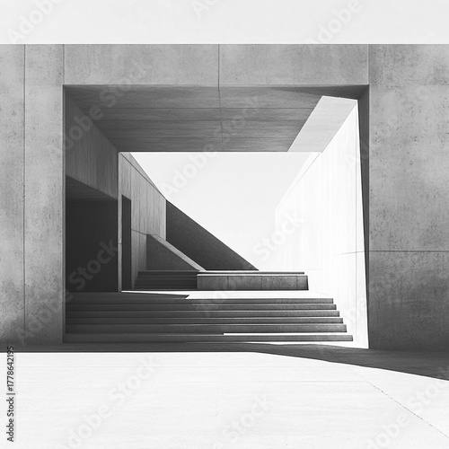concrete forms, strong light and shadow contrasts and wide exterior staircase leading into bright opening