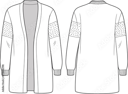 Long sleeve cardigan with star pattern on sleeves, open front design, ribbed cuffs, front and back views, cad drawing flat vector illustration