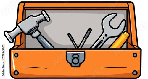 A steel toolbox holds essential metal tools like a hammer, wrench, and screwdriver for construction and repair work