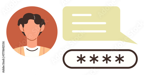 Male avatar next to a chat bubble and password field with hidden characters. Ideal for login, security, user profile, messaging, online identity, account access, simple flat metaphor