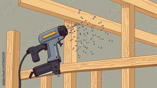 Powerful construction worker uses a cordless electric drill and a saw, holding the metal equipment by hand against an isolated white background