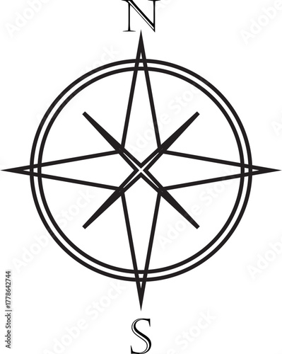 Compass Icon. Monochrome navigational compass with cardinal directions of North, East, South, West. Geographical position, cartography and navigation. Exploration, and map design projects.