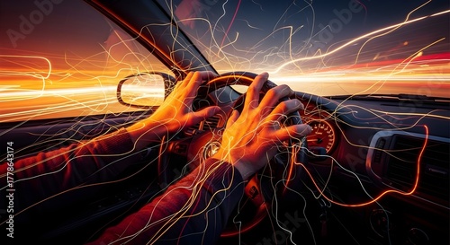 Abstract Motion Blur of Drunk Driver Losing Control of Steering Wheel