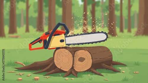 Yellow heavy industrial equipment like a chainsaw on a tree in the forest with a truck and excavator