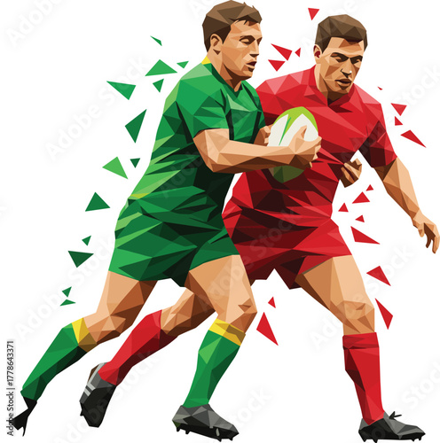 Low poly rugby players in dynamic tackle scene, polygonal sports illustration, abstract vector artwork, athlete competition, green and red uniforms, motion energy, team game concept