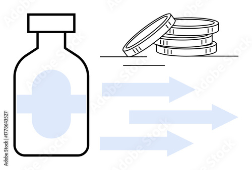 Glass medicine bottle, stacked coins, and arrows portraying economic flow in healthcare costs. Ideal for healthcare finance, cost management, medical expenses, pharmacology, insurance, budgeting