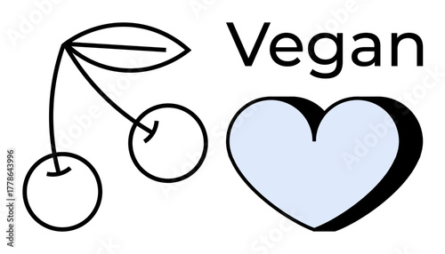 Cherry branch with two minimalistic cherries and a leaf alongside a soft blue heart and Vegan text. Ideal for sustainability, health, plant-based lifestyle, organic products, ethical choices