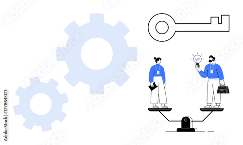 Business professionals balancing ideas and resources on a scale, supported by gears and a key. Ideal for teamwork, problem-solving, innovation, strategy, decision-making, equality productivity. A