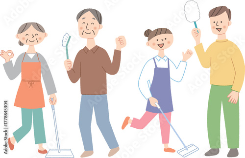 掃除道具を持った元気なポーズの人々