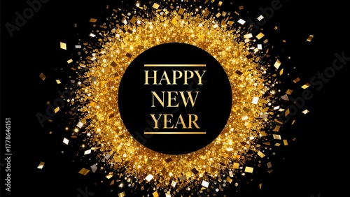 Happy New Year Gold Glitter Celebration Black Background Festive Holiday Greeting Card New Year's Eve Party Decoration Image