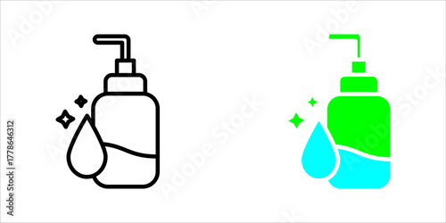 Vector icon illustration showing three styles (outline, solid, and color) of a pump-action bottle with a sparkling drop of liquid on the side. This represents hand sanitizer, liquid soap, hygiene, dis