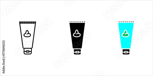 Vector icon illustration showing a cream/lotion tube with a simple leaf or herbal drop symbol on the front, presented in two styles (outline and color fill). This represents natural, organic, herbal, 