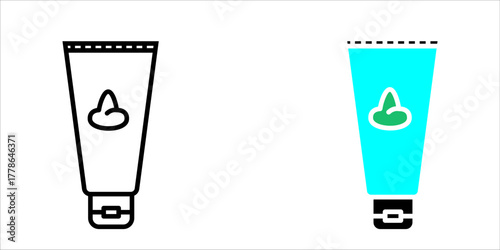 Vector icon illustration showing a cream/lotion tube with a simple leaf or herbal drop symbol on the front, presented in two styles (outline and color fill). This represents natural, organic, herbal, 