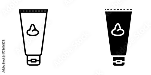 Vector icon illustration showing a cream/lotion tube with a simple leaf or herbal drop symbol on the front, presented in two styles (outline and color fill). This represents natural, organic, herbal, 