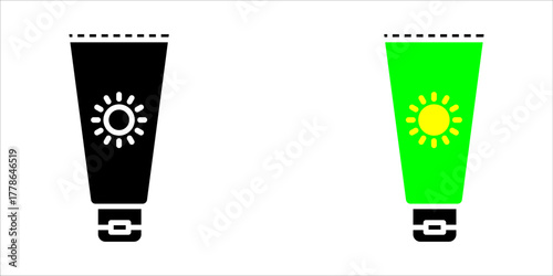 Vector icon illustration showing two styles (outline and solid fill) of a cream tube with a sun symbol on the front. This represents sunscreen, sunblock, UV protection, SPF rating, summer skincare, or