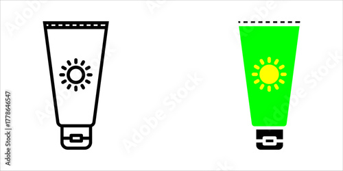 Vector icon illustration showing two styles (outline and solid fill) of a cream tube with a sun symbol on the front. This represents sunscreen, sunblock, UV protection, SPF rating, summer skincare, or