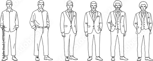 Male fashion line drawing, formal and casual outfit illustration, stylish men suit sketch, professional business attire concept, modern wardrobe design for fashion industry