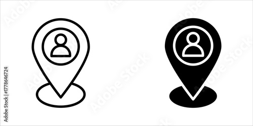Solid black vector icon illustration of a typical map pin (location marker) with a user or person silhouette contained within a circular profile area inside the pin. This represents user position on a