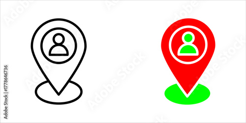 Solid black vector icon illustration of a typical map pin (location marker) with a user or person silhouette contained within a circular profile area inside the pin. This represents user position on a